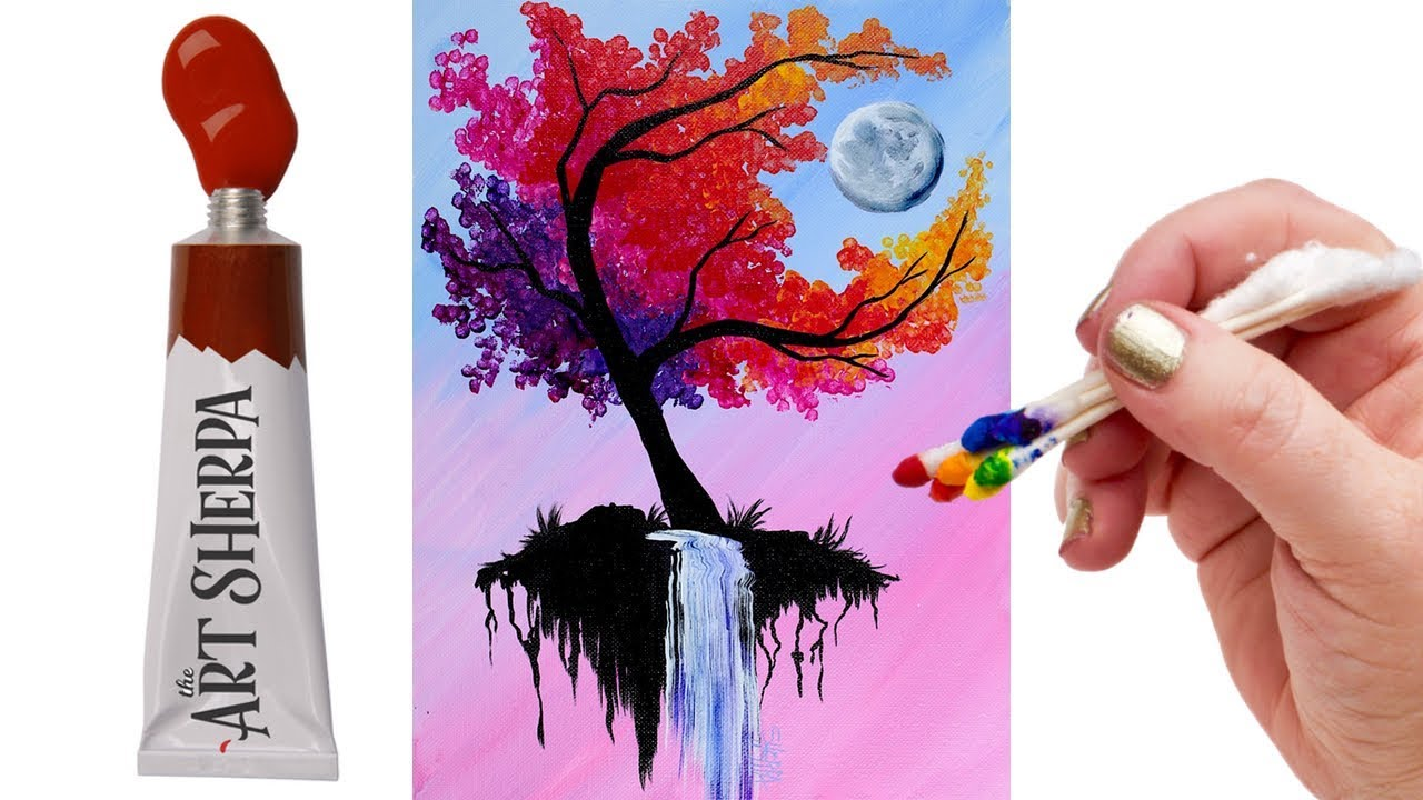 The Art Sherpa: EASY Autumn Tree with waterfall moon Q Tip Acrylic Painting tutorial